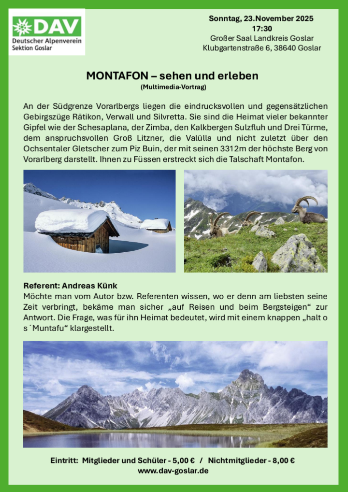 Öffentlicher Vortrag: Montafon - sehen und erleben (Referent: Andreas Künk)